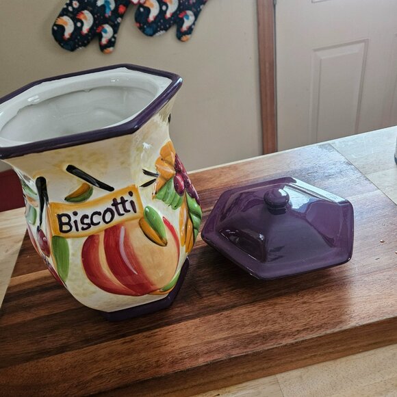 Nonnies hand painted ceramic cookie jar with purple top fruit motif - Picture 8 of 13